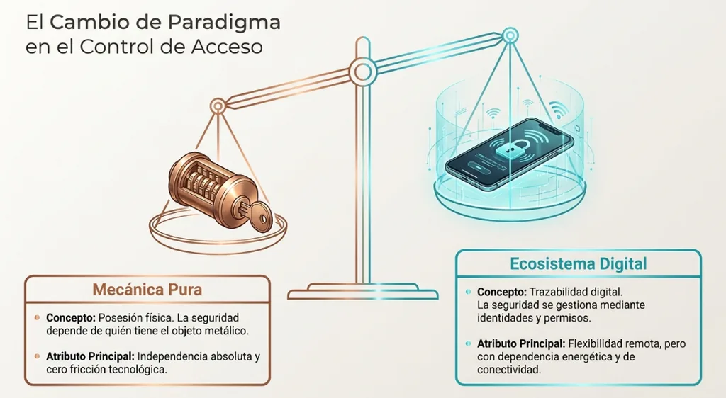 Comparación entre una cerradura mecánica tradicional y un ecosistema digital de control de acceso