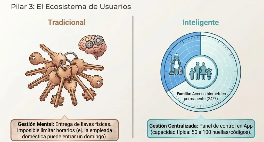 Comparación entre llaves tradicionales y gestión centralizada de usuarios en una cerradura inteligente
