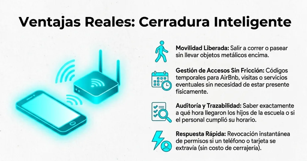 Ventajas de una cerradura inteligente: movilidad, códigos temporales, auditoría de accesos y revocación de permisos