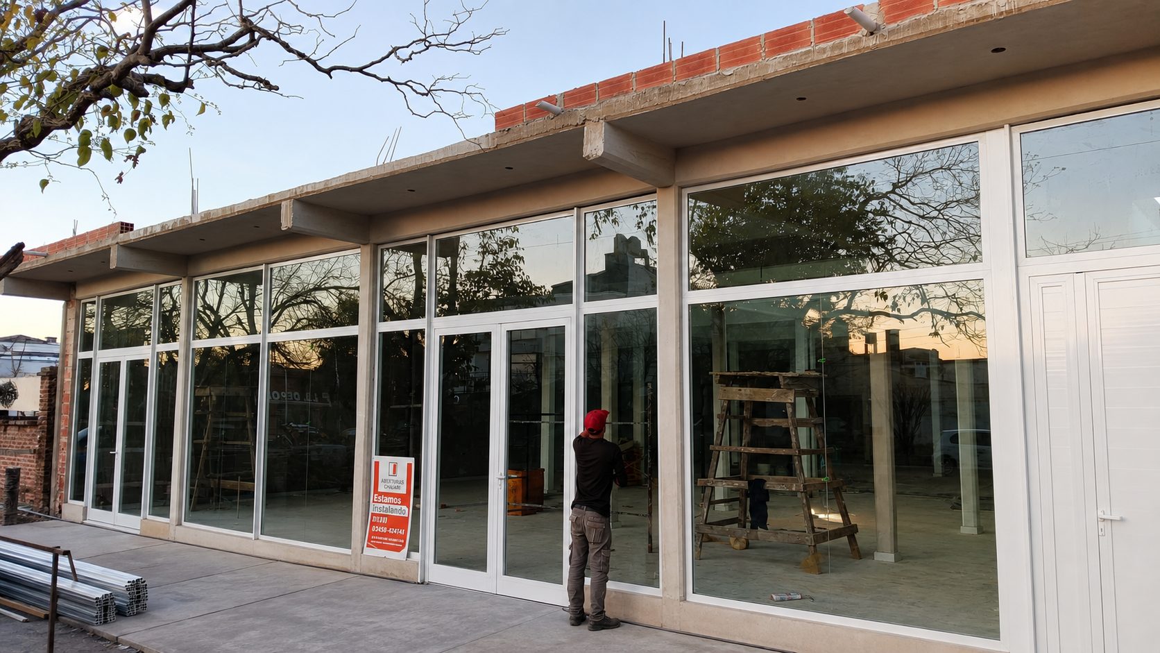 Frente comercial de cuatro locales en Monte Caseros con aberturas Línea Módena y vidrios Blindex 4+4