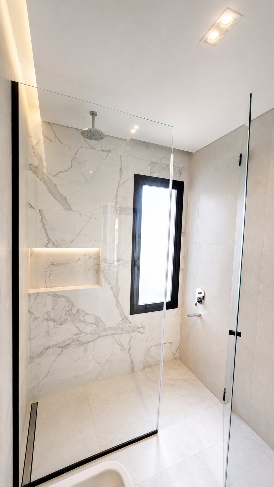 Mampara de baño fija con puerta de abrir, vidrio templado reforzado y perfil de acero inoxidable en Chajarí