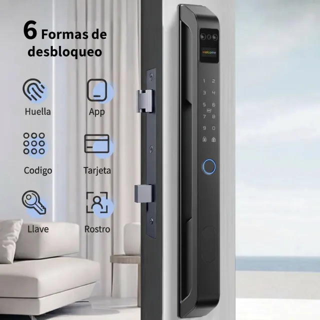 Cerradura inteligente con seis métodos de desbloqueo: huella, app, código, tarjeta, llave y rostro