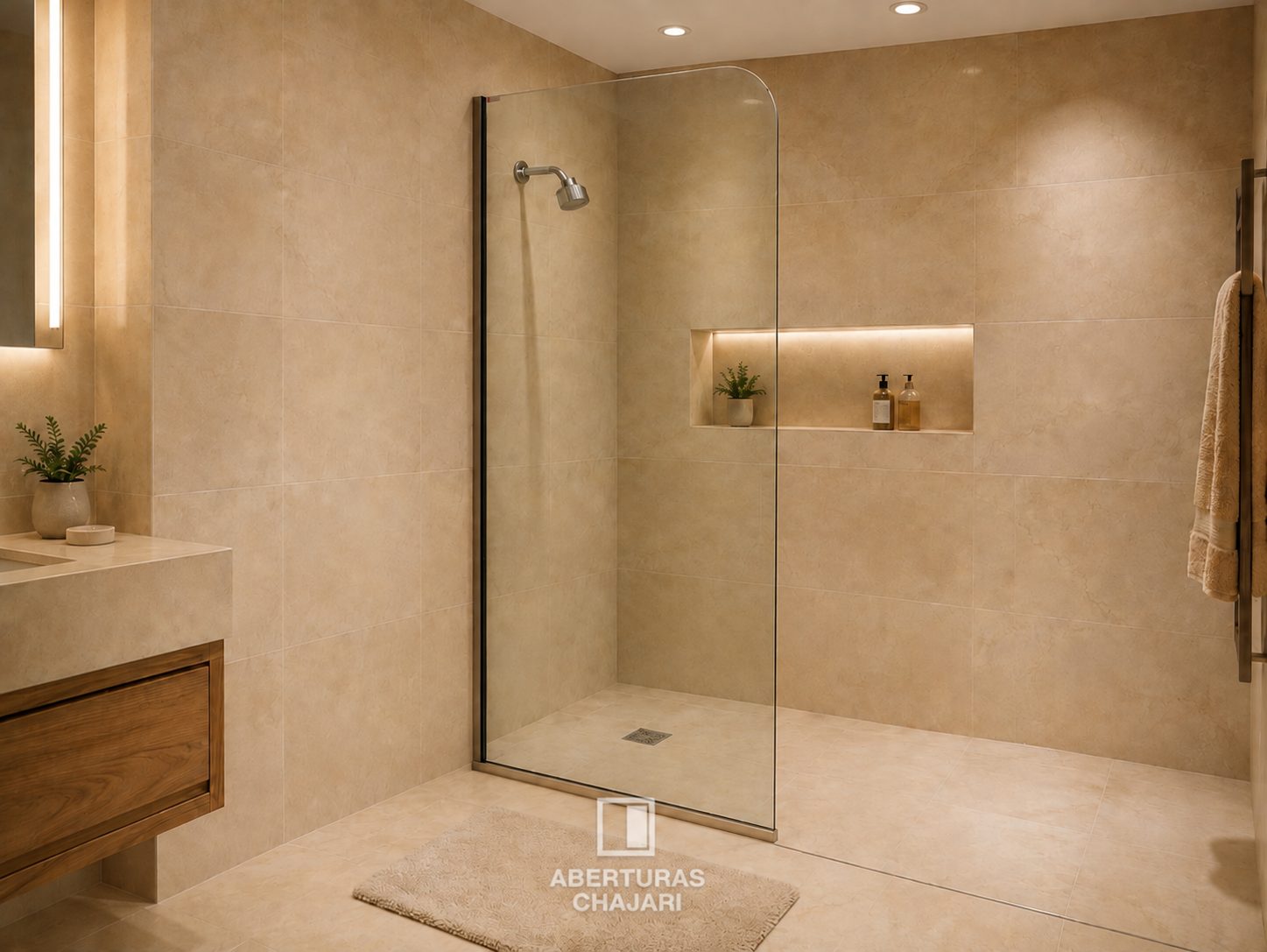Mampara de baño fija con vidrio templado y perfil de aluminio
