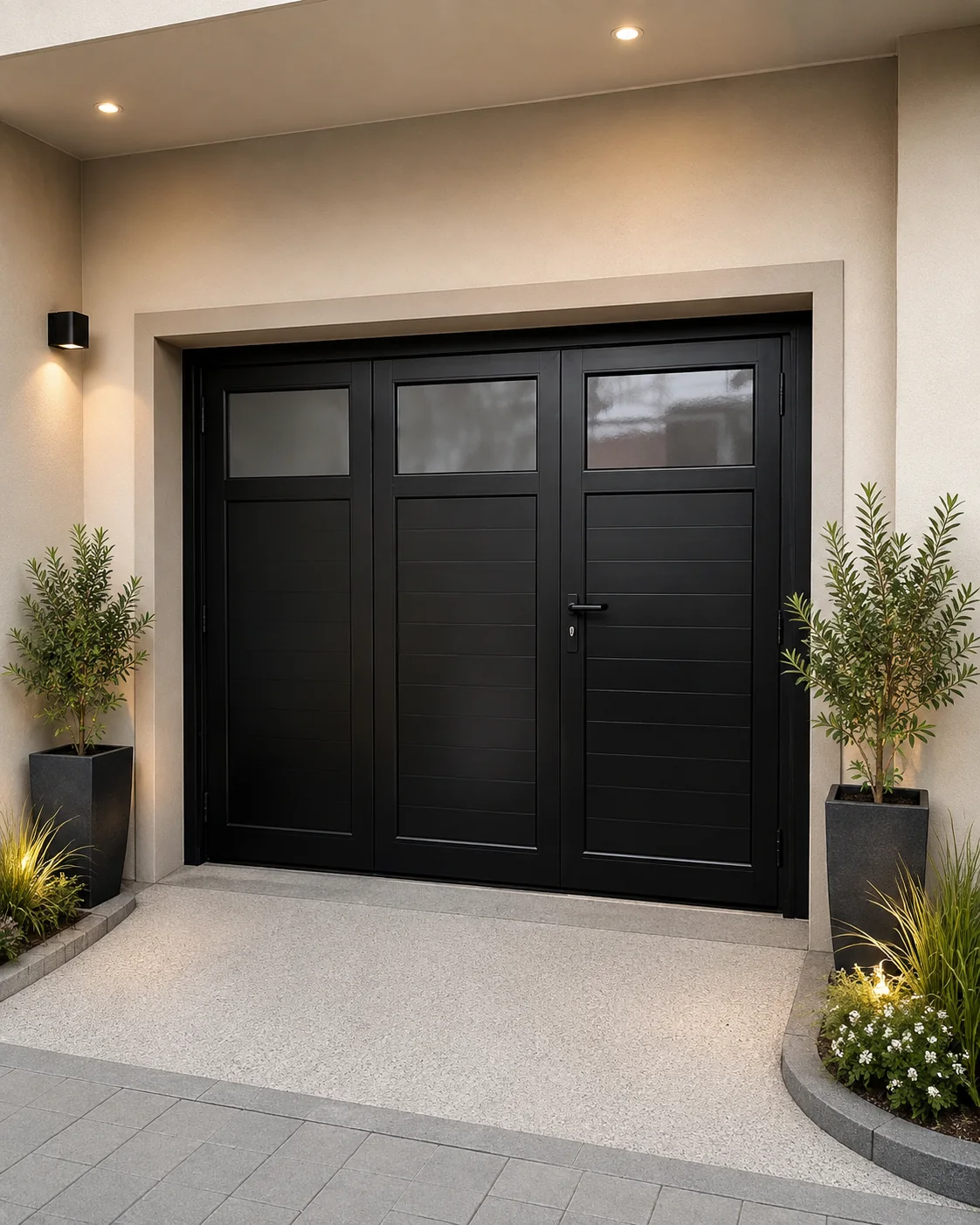 Portón de aluminio negro con puerta de escape en una vivienda