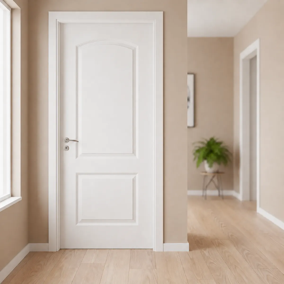 Puerta placa Prestige con relieve y marco de madera en interior